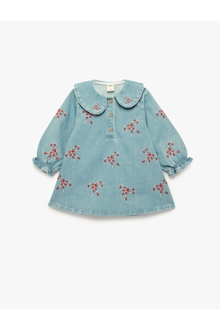 Koton Pamuklu Fiyonk İşlemeli Uzun Kollu A Kesim Bebe Yaka Denim Elbise Lıght Indıgo 6smg80006ad Açık Mavi