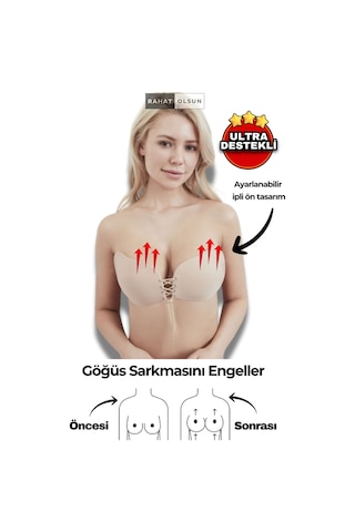 Askısız Yapışkanlı Toparlayıcı Bej Kelebek Hayalet Silikon Sütyen, Toparlayıcı Ipli Dolgunlaştırıcı Bej