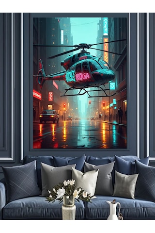 Ahşap Tablo Gece Şehri Ve Helikopter Figürü
