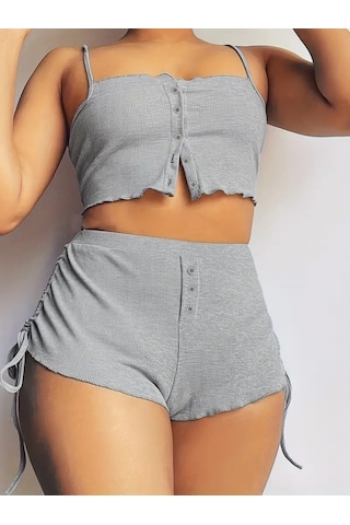 Munn Collection Kadın Ip Askılı Crop Bluz Ve Yanlardan Büzgülü Ikili Kaşkorse Short Takım Gri