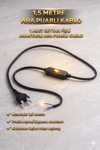 1 Adet Seyyar Fişli 1,5 Metre Arapuarlı Kablo,led Trafosu Ve Masa Lambası Bağlantı Kablosu - Hazır Soyulmuş Uçlu Siyah