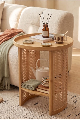 Robin Home Doğal Bambu Rattan Yan Sehpa Tepsili Yuvarlak Dekoratif Sehpa Bej