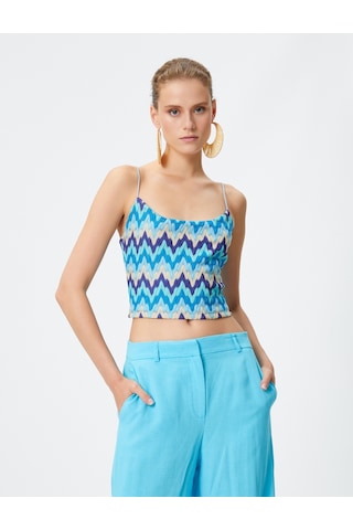 Koton Şahika Ercümen X Koton - Crop Kroşe İnce Askılı Atlet Mavi Desenli 3sak10419ek 3SAK10419EK6D5