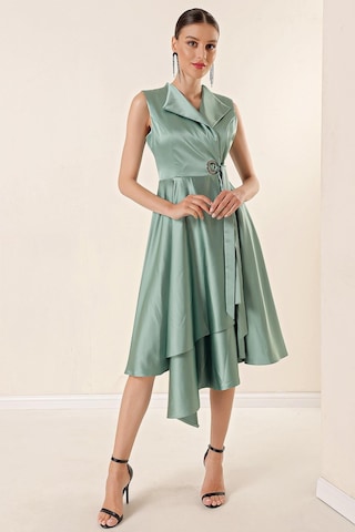 By Saygı Kruvaze Yaka Bağcıklı Saten Elbise Mint 29756 Mint