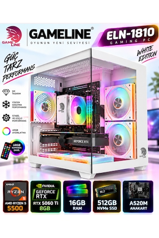 Gameline ELN-1810 R5-5500 512 GB 16 GB SSD 8 GB RTX5060 Ti Dos Masaüstü Oyuncu Bilgisayar