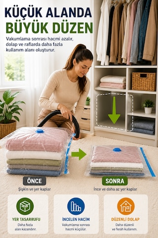 Mini Boy Vakumlu Hurç 60x80 Cm 1 Adet Vakum Poşeti Çift Kilitli Saklama Torbası Şeffaf Düzenleyici