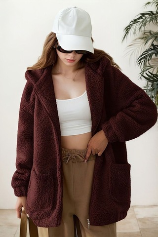Aclassics Peluş Kuzu Kıvırcık Torba Cepli Kolej Mont Siyah Ks2526 Bordo