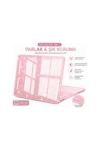 Macbook Uyumlu Neo 13inç A18 Pro A3404 Kılıf Simli Ön Arka Kapak Pembe