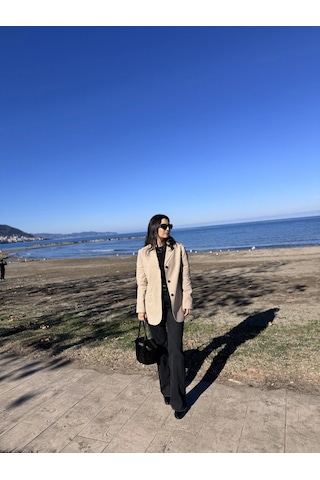 Yandan Cepli Düğmeli Süet Bej Blazer Ceket Bej