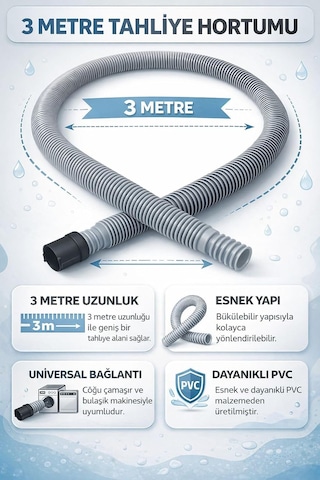 3 Metre Çamaşır Makinesi Tahliye Hortumu, Universal Uyumlu Esnek Pvc Gider Hortumu, Bulaşık Makinesi Uyumlu Dayanıklı Su Tahliye Borusu