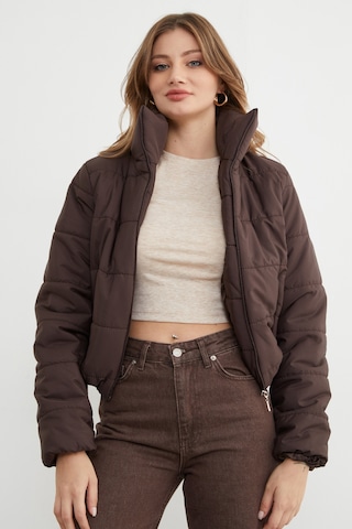 Fullamoda Beli Lastikli Crop Şişme Mont Kahve