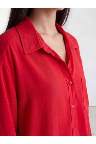Lcw Modest Kırmızı Modal Karışımlı Oversize Kadın Gömlek