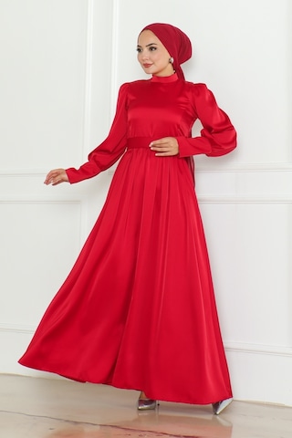 Kuşaklı Saten Abiye 1136 - Kırmızı