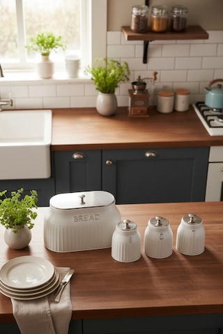 Akayev Retro Lux Line Metal Ekmek Kutusu Ve 3'lü Saklama Kabı Beyaz