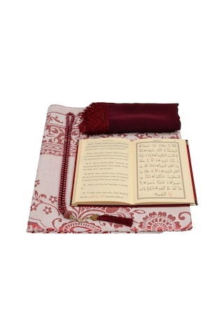 Şal + Seccade + Tesbih + Yasin Hediye Seti Çanta Boy, Şems Lafzatullah, Raşel Cilt, Bordo