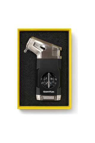 Quantum Tek Torch Pürmüz Siyah Gümüş V Kesicili Metal Puro Çakmağı Tr9982