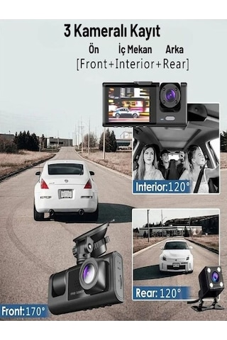Araç İçi Kamera 1080p 3 Kameralı Ips Ekran G Sensör Gece Görüş Ultra Geniş Açı Yol Kayıt Geri Görüş