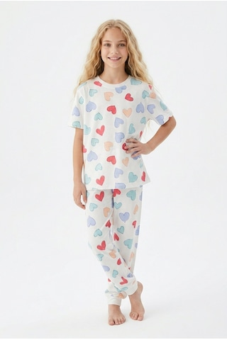 Alkın Kids 3-13 Yaş Kız Çocuk Kalp Desenli %100 Pamuklu Kısa Kollu Pijama Takımı Beyaz