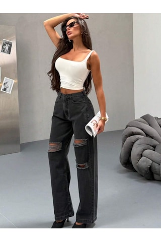 Shevega Kadın Füme Çift Diz Lazer Yirtik Yüksek Bel Bol Paça Jeans Pantolon Gri