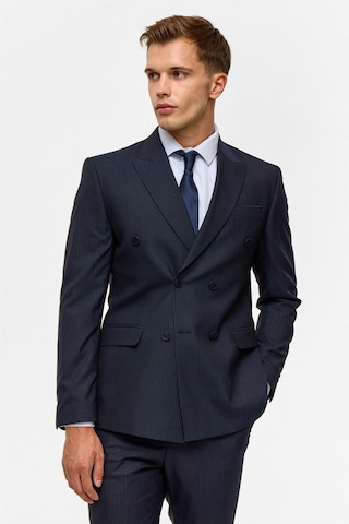 Süvari Lacivert Slim Çizgili Kruvaze Yaka 6 Drop Takım Elbise-38746 Lacivert