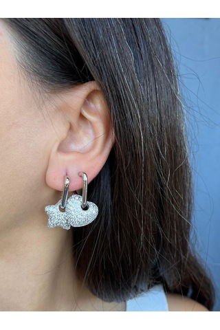 Gümüş Renkli Taşlı Kalpli Küpe