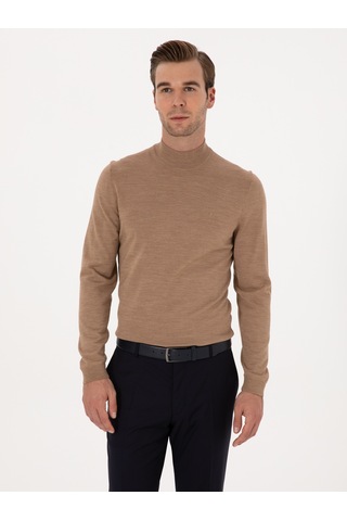 Cacharel Camel Slim Fit Yün Karışımlı Yarım Balıkçı Basic Triko Kazak Kahverengi