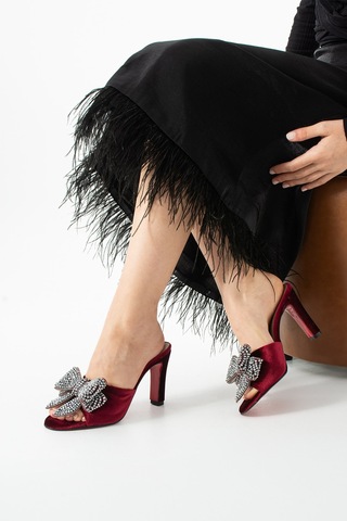 Lebibe Shoes Seravıa Kadın Bordo Kadife Taşlı Fiyonklu 9 Cm Topuklu Abiye Terlik