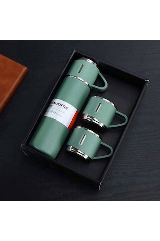 Dekorasyaa Paslanmaz Çelik 3 Bardaklı Termos 500 Ml - Yeşil - Çanta Hediyeli - 12 Saat Sıcak Soğuk Yeşil