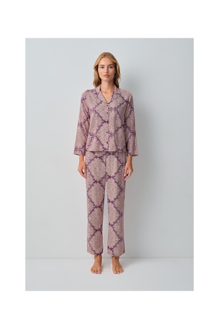 Suwen Harper Gömlek Yaka Pijama Takımı Wsh10510047662 Bordo Desenli