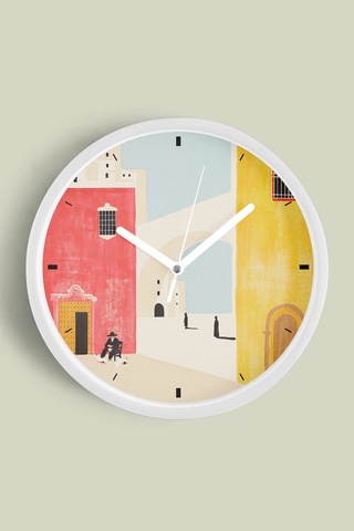 Retro Mimari Desenli Modern Duvar Saati - 42cm - Önü Camlı Beyaz Kasa - Sessiz Mekanizma Beyaz