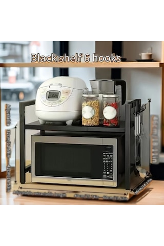 Honeybeeshop Siyah 38 66cm 2 Katmanli Genisletilebilir Mikrodalga Rafi Metal Mutfak Tezgahi Depolama Rafi 6 Sac Tokasi İle Pratik