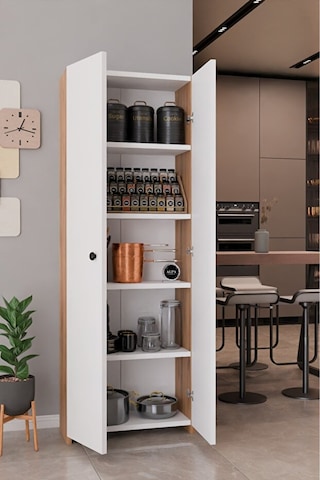 150 Cm 2 Kapaklı 5 Raflı Çok Amaçlı Mutfak Dolabı Kiler Düzenleyici Organizer Ve Erzak Dolabı Beyaz - Atlantik Çam