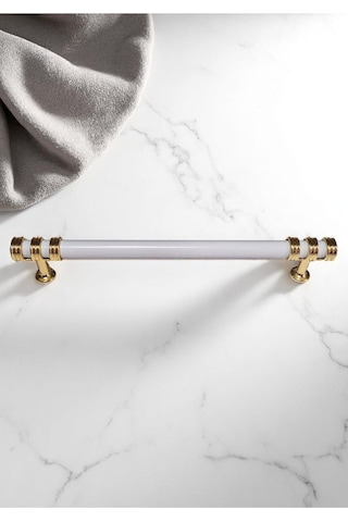 Nesli Alüminyum Metal Lüks Modern Mobilya Çekmece Mutfak Dolabı Kulpu Beyaz-altın 128mm 10 Adet Beyaz - Altın
