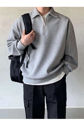 Genius Store Erkek Polo Yaka Oversize Yarım Fermuar Sweatshirt Gri