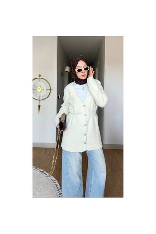 Nes Moda Kadın Düğme Detaylı Bel Büzgülü Angora Tesettür Triko Hırka Kazak Krem Krem