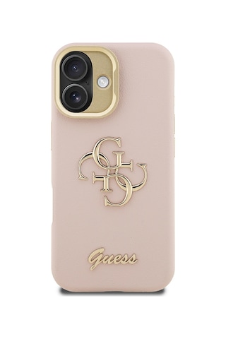 Apple Uyumlu iPhone 16 Kılıf Guess Lisanslı Grained Yazı Logolu Kamera Standlı Kapak Pembe