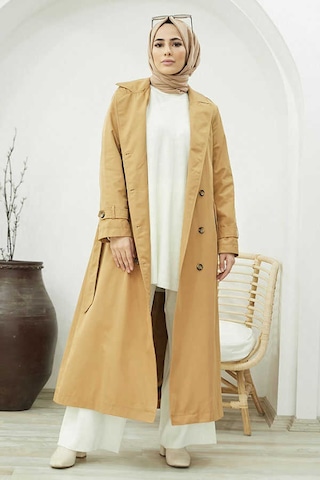 Neways 6572 Kadın Tesettür Kürklü Trençkot Camel