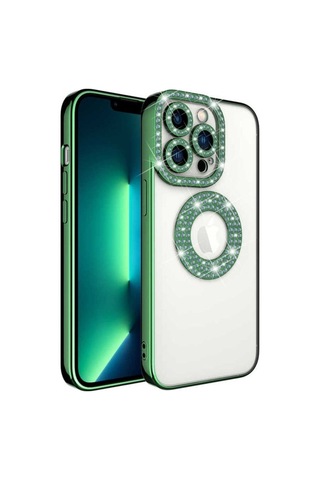 Apple Uyumlu iPhone 13 Pro Kılıf Kamera Korumalı Taş Süslemeli Arkası Şeffaf Zore Asya Kapak Yeşil