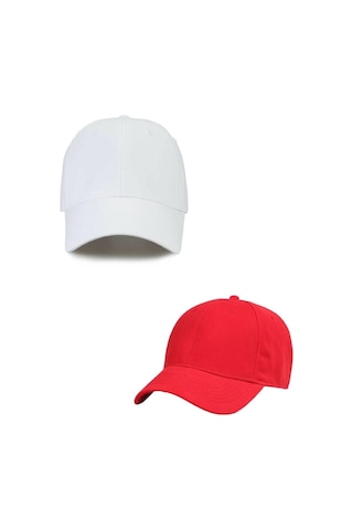 Unisex Ayarlanabilir Spor Kırmızı-beyaz Basic Kep Şapka 2'li Set Kırmızı - Beyaz