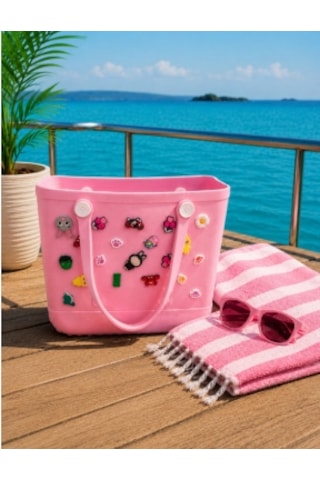 Şık Ve Mutlu Silikon Charm Aksesuarlı Plaj Çantası Açık Pembe