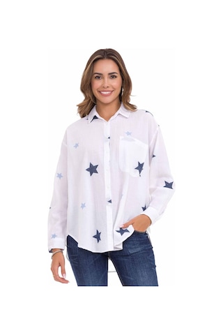 Cipo & Baxx WH127 Yıldız Detaylı Oversize Keten Gömlek Beyaz