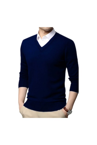 Tezzgelsin 2'li Erkek V Yaka Uzun Kol Triko Tüylenmez Süveter Erkek Slim Fit Süveter Lacivert - Lacivert