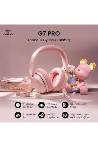 Aula G7 Pro Tri Mode Kablosuz Rgb Gaming Mikrofonlu Oyuncu Kulaklığı 7.1 Surround Ses 40mm Driver Düşük Gecikme E-spor Kulaklık Pembe
