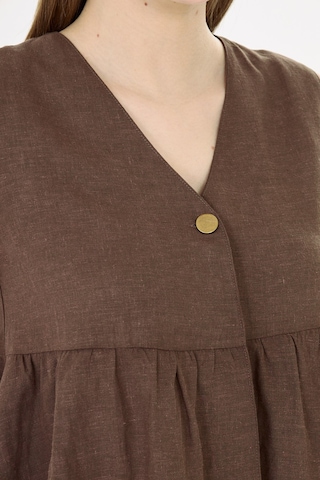 Sortie Collection V Yaka Tek Düğmeli Peplum Kahverengi Keten Bluz