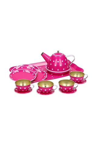 Pembe Puantiyeli Metal Oyuncak Çay Seti 15 Parça - Eğitici Teneke Evcilik Mutfak Oyun Takımı