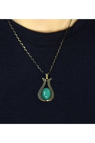 Doğal Taş Yeşil Akik Doğal Taşlı Lale Modelli Antik Kadın Kolye Euk44ya Yeşil