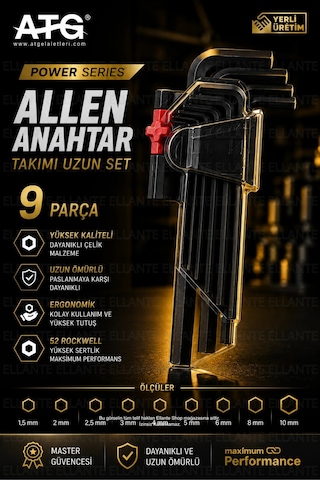 Atg Alyan Anahtar Takımı Uzun Set 9 Parça 1.5-10 Mm Alyan Seti 52 Hrc Çelik Profesyonel El Aleti