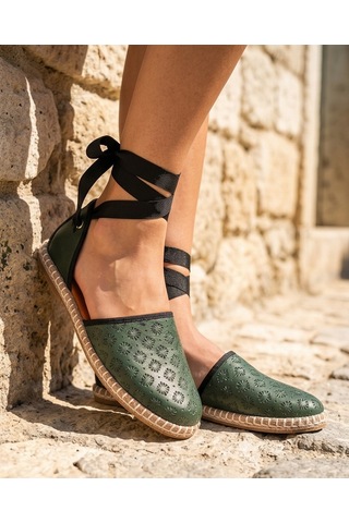 Futsishoes Fressia Koyu Yeşil Hakiki Deri Bilekten Bağlamalı Espadril Kadın Babet