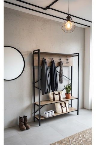Metal Portmanto, Elbise Askılığı, Vestiyer, Ayakkabılık Ahşap - Siyah