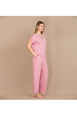 Bi Cool Viskon Şık Tasarım Dantel İşlemeli Pembe Kısa Kol Pijama Takımı Pembe
